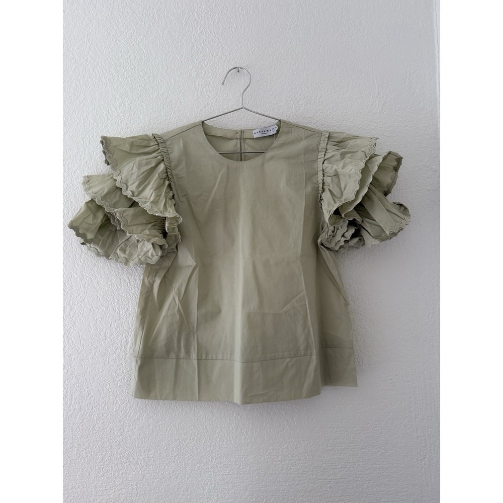 Harshman Mint Juliette Ruffled Cotton Blouse Crewneck Short Sleeve Size XS - Picture 3 of 14